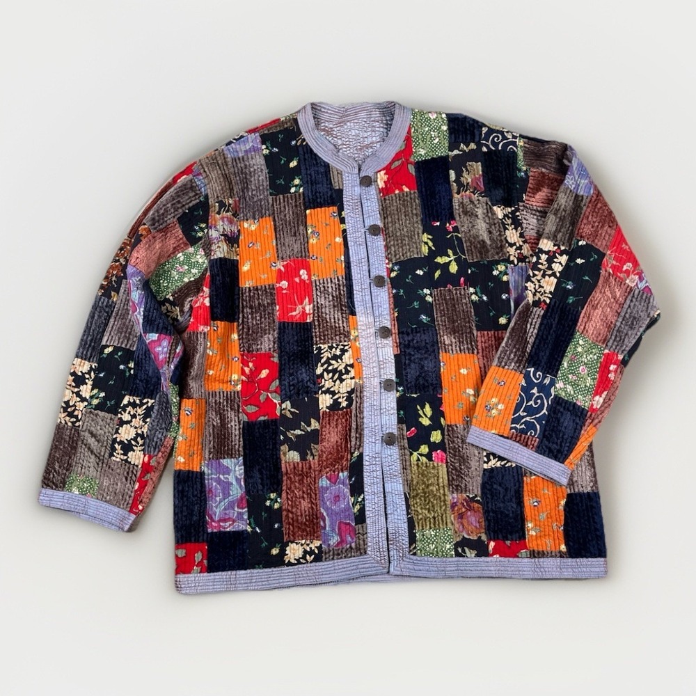 Vintage Quilted Jacket Patchwork Velvet Iridescent Reversible Boho‎ 80's 90's